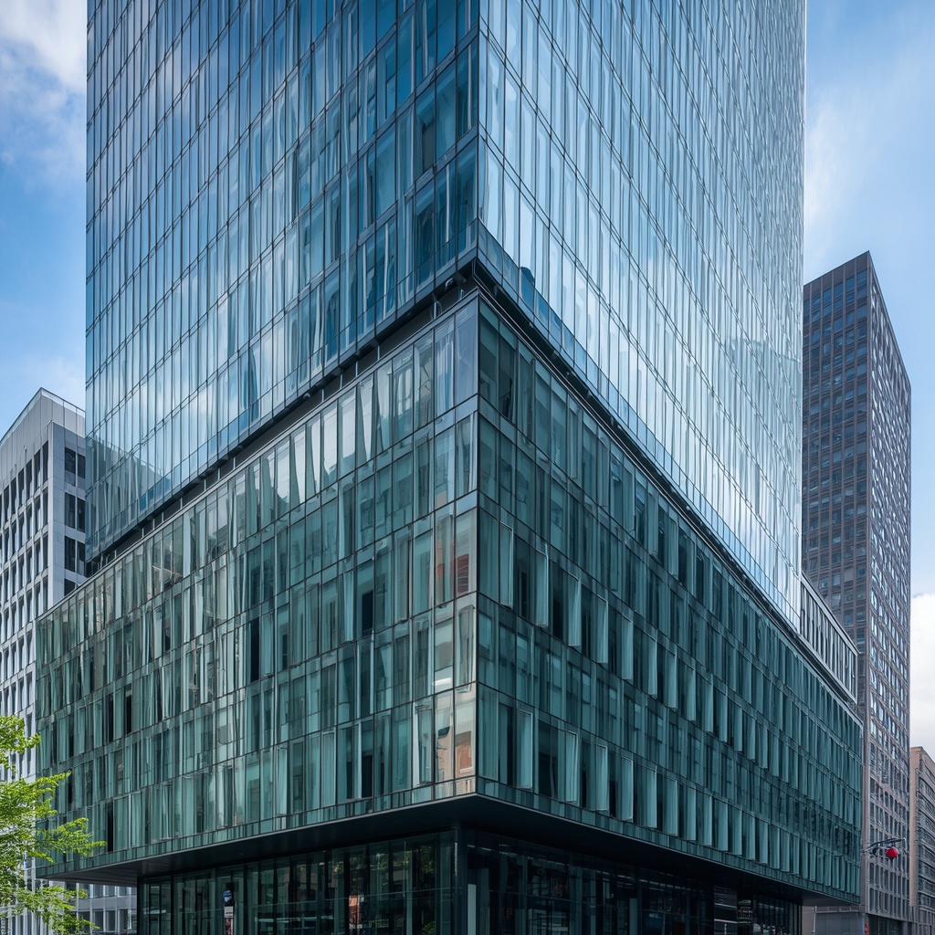 Contemporary high-rise building facade with geometric glass panels in a metropolitan downtown district